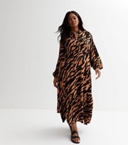 New Look Curves Brown Tiger Print Puff Sleeve Button Front Midi Dress